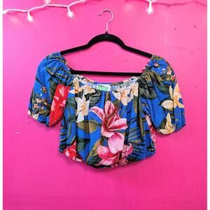 Cupcakes and Cashmere Blue Tropical Linen Rayon Cropped Top M
